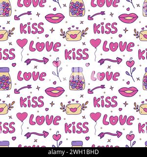 Motivo senza cuciture. Barattolo con cuori, labbra femminili, baci testuali e amore, palloncino e fiore rosa, frecce e busta con ramoscelli. Elementi per San Valentino. Illustrazione Vettoriale