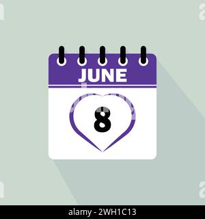 Icona giorno calendario - 8 giugno. ottavo giorno del mese, illustrazione vettoriale. Illustrazione Vettoriale