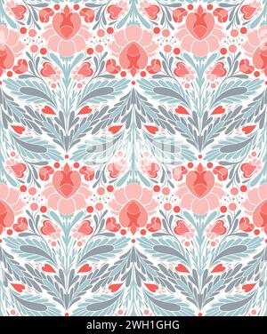 Motivo floreale Vector decorativo senza cuciture. Design delle superfici di arte popolare natalizia con fiori rosa, cuori e fogliame su sfondo bianco Illustrazione Vettoriale