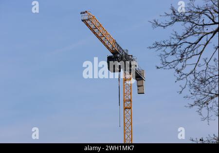 München, Bayern, Deutschland 06. Febbraio 2024: Hier der Blick auf einen Kran, Baukran, Bautätigkeit, Immobilien, Neubau *** Monaco di Baviera, Baviera, Germania 06 febbraio 2024 Ecco una panoramica di gru, gru edile, attività edili, immobili, nuova costruzione Foto Stock