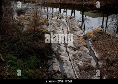 Il letto semisecco del fiume ter mentre passa da Sant Quirze de Besora, provincia di Barcellona nel nord della Catalogna. Il ter è un fiume catalano che sorge nei Pirenei e sfocia nel Mediterraneo, la produzione idroelettrica e l'uso industriale sono gli usi principali. La siccità che affligge la Catalogna dal 2021 ha causato una diminuzione del flusso e della qualità ecologica dei fiumi, con un impatto negativo sulla biodiversità della zona, mentre gli scarichi nel fiume dagli impianti e dalle industrie di trattamento rimangono gli stessi, ma gli inquinanti in cui non possono essere diluiti Foto Stock