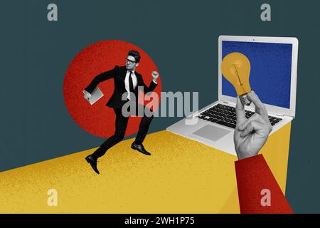 Collage fotografico immagine creativa giovane uomo in corsa pc portatile lampada idea soluzione intelligente brillante disegno di piani Foto Stock