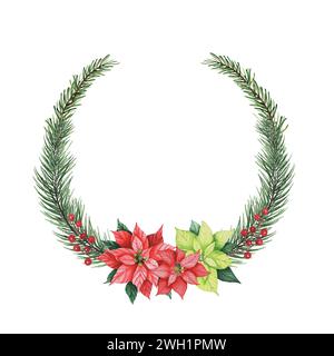 Corona di Natale con poinsettia, rami di pino, bacche Foto Stock