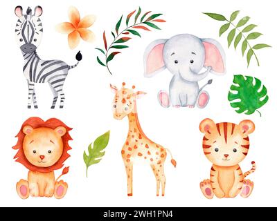 Illustrazione ad acquerello di animali da safari con elefante bambino, leone, zebra, giraffe, tigre e vegetazione nella giungla tropicale per vivaio, cartoline e inviti Foto Stock