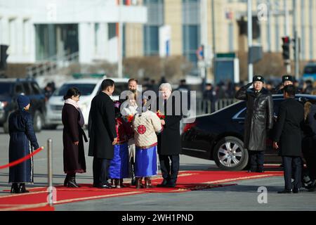 Ulan Bator, Mongolia. 7 febbraio 2024. Il presidente tedesco Steinmeier inizia una visita di stato in Mongolia. Crediti: Enkh-Orgil/Alamy Live News. Foto Stock