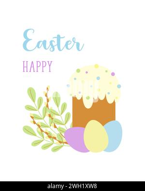 Questa immagine mostra il saluto natalizio di Pasqua con torta decorata, uova dipinte e salici primaverili, simboleggiando la gioia e il rinnovamento delle vacanze. Illustrazione Vettoriale