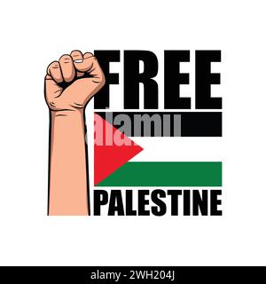 Disegno del manifesto della Palestina libera con la bandiera della Palestina e una mano vettoriale. Carta da parati, volantino, immagine vettoriale della bandiera palestinese Illustrazione Vettoriale