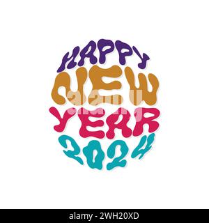 Felice anno nuovo 2024 illustrazione tipografica vettoriale. Festeggiamo il nuovo anno con adesivi, biglietti d'auguri, poster, banner, design di modelli. Colorato felice nuovo Illustrazione Vettoriale