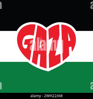 Illustrazione vettoriale tipografica di Gaza su una forma d'amore. Save Palestine illustrazione vettoriale per il design di t shirt. Carta da parati, volantino, striscione della bandiera palestinese Illustrazione Vettoriale