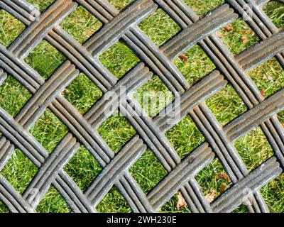 Supporto posteriore parziale del banco di parcheggio. Ripetizione e trama. Linee della griglia. Foglie marroni incorniciate. Foto Stock