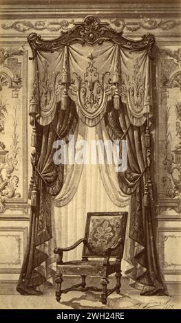 Luigi XIV, finestra drappeggiata in stile XVI secolo, disegno dell'artista francese Alfred Guinard, Francia 1881 Foto Stock