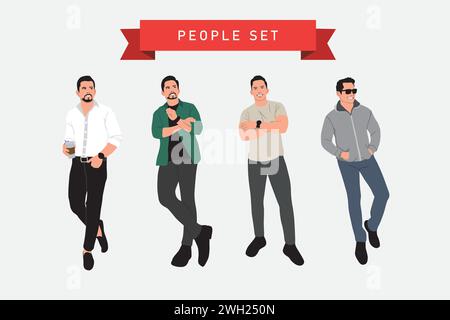 Illustrazione vettoriale di un set di uomini in abiti casual. Stile piatto. Illustrazione Vettoriale