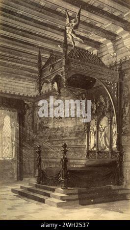 Letto a baldacchino in stile gotico del XIV secolo, disegno dell'artista francese Alfred Guinard, Francia 1881 Foto Stock