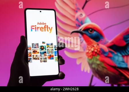 Wroclaw, Polonia - 05 febbraio 2024: Logo Adobe Firefly sullo schermo. Strumento generatore di arte AI Foto Stock