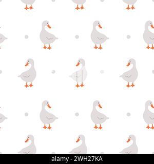 Motivo senza cuciture con graziose oca. Anatre domestiche e selvatiche su sfondo bianco. Stampa disegnata a mano. Perfetto per tessuti, carta da imballaggio, carta da parati Illustrazione Vettoriale