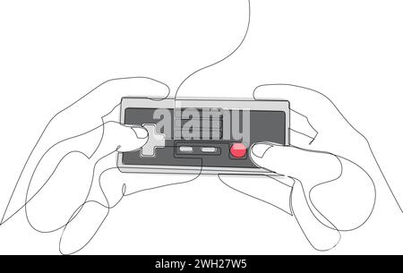 Disegno continuo di mani umane che tengono il telecomando della console di gioco d'epoca. Concetto di gioco rétro disegnato da una riga. Illustrazione vettoriale Illustrazione Vettoriale