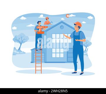 Ristrutturazione della casa. Lavoratori che riparano il tetto. Gruppo edile, tetti, caposquadra. illustrazione moderna vettoriale piatta Illustrazione Vettoriale