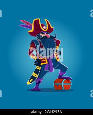 Il pirata dei cartoni animati, il capitano barbuto lungo o il marinaio corsaro con il forziere del tesoro e il personaggio vettoriale. L'uomo arrabbiato pirata filibuster in cappello tricorne con teschio o piume di pappagallo per l'avventura caraibica Illustrazione Vettoriale