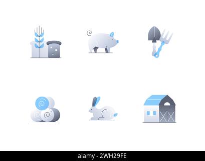 Articoli da fattoria e animali - set di icone in stile piatto Illustrazione Vettoriale