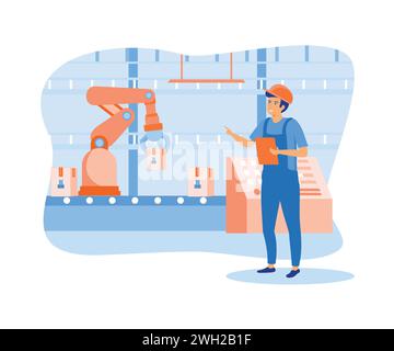 Il braccio robotizzato funziona in fabbrica. Rivoluzione industriale intelligente. illustrazione moderna vettoriale piatta Illustrazione Vettoriale