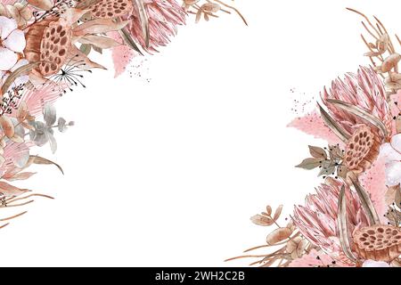 Modello boho acquerello con protea, fiori di cotone, rami secchi ed erbe aromatiche. Sistemazione bohémien per l'invito al matrimonio. Illustrazione disegnata a mano o. Foto Stock