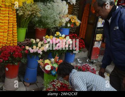 Silguri, Bengala Occidentale, INDIA. 7 febbraio 2024. Un venditore di fiori organizza le rose in vendita, mentre i clienti acquistano al mercato dei fiori di Siliguri il 7 febbraio 2024. Le rose sono molto richieste poiché i sette giorni di festività della settimana di San Valentino iniziano dal 7 febbraio con il Rose Day. (Credit Image: © Diptendu Dutta/ZUMA Press Wire) SOLO PER USO EDITORIALE! Non per USO commerciale! Foto Stock