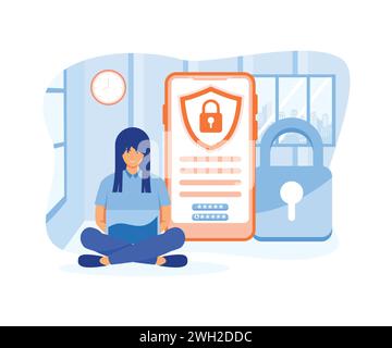 Concetto di protezione dei dati. Una donna seduta vicino a un grande lucchetto fornisce sicurezza ai dati personali e alla privacy dei dati. illustrazione moderna vettoriale piatta Illustrazione Vettoriale