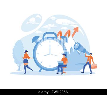Concetto di disciplina per la gestione del tempo. Mostrare a un gruppo attivo di persone che svolgono la propria routine quotidiana in modo produttivo per raggiungere l'obiettivo. illustrati moderni vettoriali piatti Illustrazione Vettoriale
