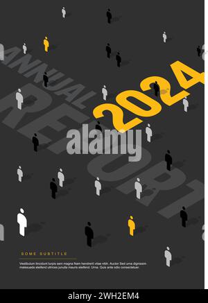 Un report annuale aziendale di colore scuro con figure isometriche sparse su uno sfondo scuro con ampia tipografia. Il design astratto suggerisce Illustrazione Vettoriale