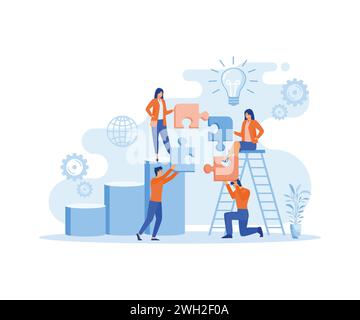 Persone con pezzi di puzzle. Lavoro di squadra, team building, organizzazione aziendale, partnership, risoluzione dei problemi, approccio aziendale innovativo. vettore piatto m Illustrazione Vettoriale