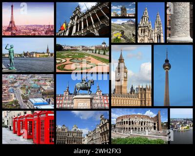 I monumenti europei viaggiano in collage con Berlino, Parigi, Roma, Londra, Madrid, Bruxelles, Praga e le Alpi. Foto Stock