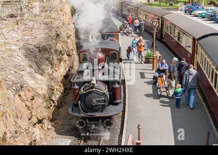 Treni che attraversano Tan y Bwlch sulla Ffestiniog Railway Foto Stock