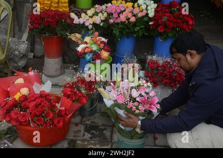 Silguri, Bengala Occidentale, INDIA. 7 febbraio 2024. Un venditore di fiori organizza le rose per la vendita ai clienti al mercato dei fiori di Siliguri il 7 febbraio 2024. Le rose sono molto richieste poiché i sette giorni di festività della settimana di San Valentino iniziano dal 7 febbraio con il Rose Day. (Credit Image: © Diptendu Dutta/ZUMA Press Wire) SOLO PER USO EDITORIALE! Non per USO commerciale! Foto Stock