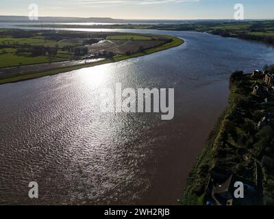 Guardando a valle sul fiume Severn a Newnham, Gloucestershire. Foto Stock