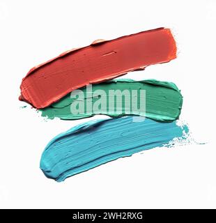 Sfondo astratto creativo con tre tratti di pittura. Macchie di vernice su sfondo bianco. Foto Stock