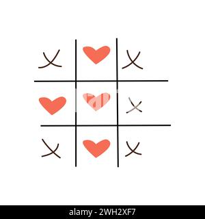 TIC tac Toe Game con croce e cuore rosso. Illustrazione vettoriale isolata. Può essere utilizzato come biglietto d'auguri per il giorno di San Valentino. Illustrazione Vettoriale