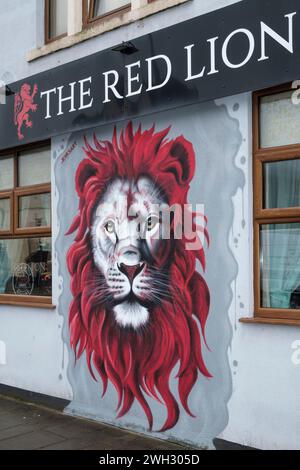 Nei dintorni di Port Talbot, una città industriale di Neath Port Talbot, Galles, Regno Unito, in una giornata invernale. Red Lion Pub Foto Stock