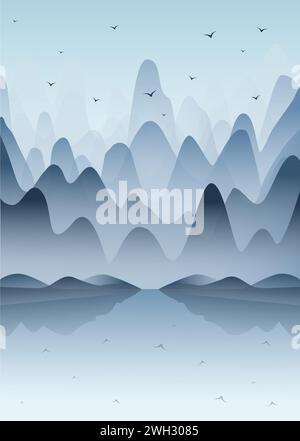 Paesaggio di montagne blu dall'estetica minimalista. Villaggio nordico, illustrazione del fiordo. Illustrazione Vettoriale