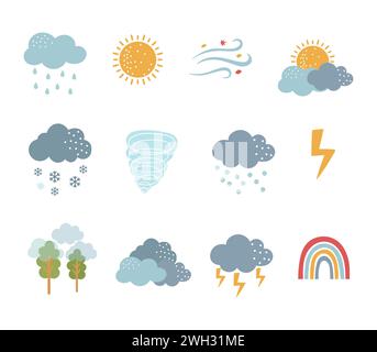 Set di 12 icone vettoriali elementi meteo Illustrazione Vettoriale