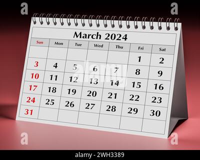 Calendario marzo 2024. Una pagina del calendario mensile annuale del business desk in primavera Foto Stock