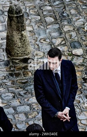 © Antonin Burat/le Pictorium/MAXPPP - Parigi 07/02/2024 Antonin Burat/le Pictorium - 07/02/2024 - Francia/Ile-de-France/Parigi - le President du Rassemblement National Jordan Bardella lors de la Ceremonie d'hommage aux victimes francaises des attaques terroristes du 7 octobre en Israel, a l'Hotel des Invalides. - Valeurs ACtuelles Out, JDD Out, No JDD, no russia, russia Out/07/02/2024 - Francia/Ile-de-France (regione)/Parigi - Rassemblement National's President Jordan Bardella durante la cerimonia di tributo alle vittime francesi degli attentati terroristici del 7 ottobre in Israele, presso l'Hotel Foto Stock