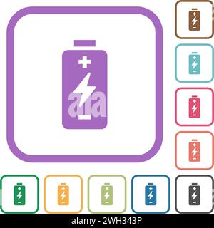 Batteria con simbolo di energia icone semplici a colori cornici quadrate arrotondate su sfondo bianco Illustrazione Vettoriale