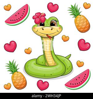 Un grazioso serpente verde cartoni animati circondato da frutta e cuori. Illustrazione vettoriale dell'animale estivo con anguria e ananas. Illustrazione Vettoriale