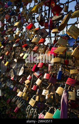 Migliaia di armadietti appesi lungo la ferrovia sul ponte Hohenzollern per simboleggiare l'amore tra due persone | Accroches au grillage du pont Hohenzoller Foto Stock