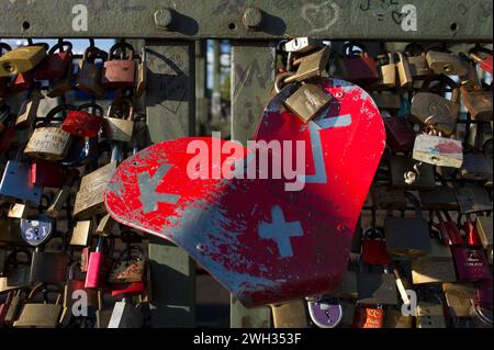 Migliaia di armadietti appesi lungo la ferrovia sul ponte Hohenzollern per simboleggiare l'amore tra due persone | Accroches au grillage du pont Hohenzoller Foto Stock