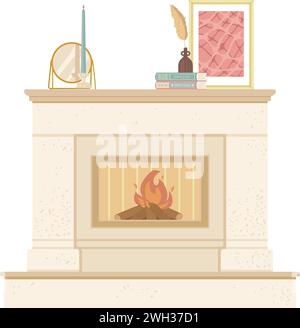 Accogliente caminetto hygge con arredi. Legna che brucia. Illustrazione Vettoriale