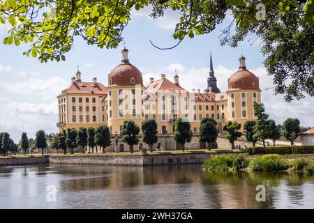 DAS Schloss Moritzburg erhielt Seine heutige Gestalt im 18. Jahrhundert unter August dem Starken. Es erhebt sich auf einer künstlichen Insel im Schlossteich. Der barocke Vierflügelbau mit seinen vier direkt mit dem Hauptbau verbundenen Türmen ruht auf einem podestartigen Sockelgeschoss und ist ein beliebtes Touristenziel. *** Il Castello di Moritzburg ha assunto la sua forma attuale nel XVIII secolo sotto Augusto il forte che sorge su un'isola artificiale nel laghetto del castello l'edificio barocco a quattro alate con le sue quattro torri direttamente collegate all'edificio principale poggia su una base simile a un piedistallo ed è Foto Stock