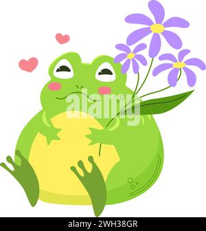 Simpatica rana verde seduta con fiore di camomilla viola. Personaggio Kawaii in stile cartoni animati. Illustrazione isolata Illustrazione Vettoriale