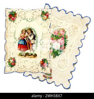 Carte originali di San Valentino in pizzo vittoriano, messaggi all'interno. Regno Unito circa 1890. Foto Stock