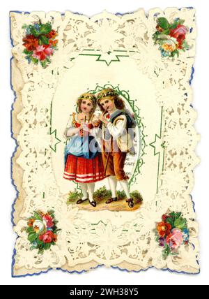 Biglietto di San Valentino in pizzo di carta vittoriano originale, il messaggio all'interno è un amore immutabile. Regno Unito circa 1890. Foto Stock